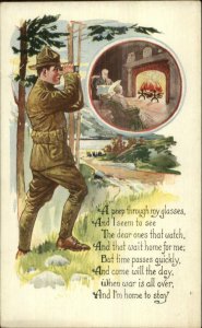 WWI US Soldier w/ Binoculars Sees Mom & Dad at Home by Fireplace Postcard