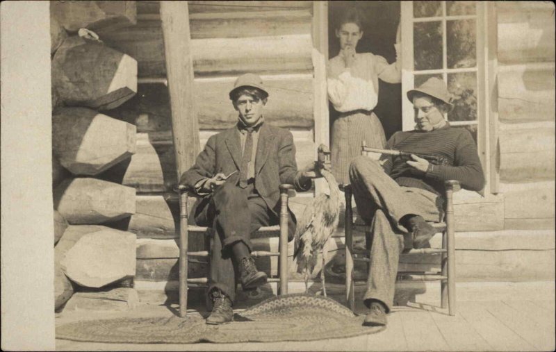 Bizarre  Log Cabin Taxidermy Stork Pop Gun Old Rug c1910 Real Photo Postcard