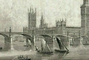 1840's J.T Wood Engraved Card Westminster New Bridge Sailboats 7B