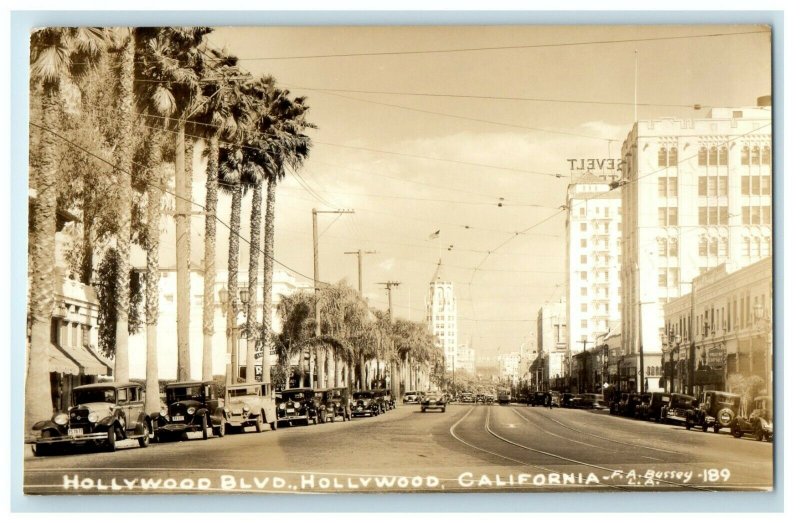 View Of Hollywood Blvd Building Cars Hollywood California CA RPPC Photo Postcard