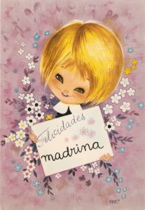 Little girl with flowers. Felicidades Madrina Lovely modern Spanish Greetings