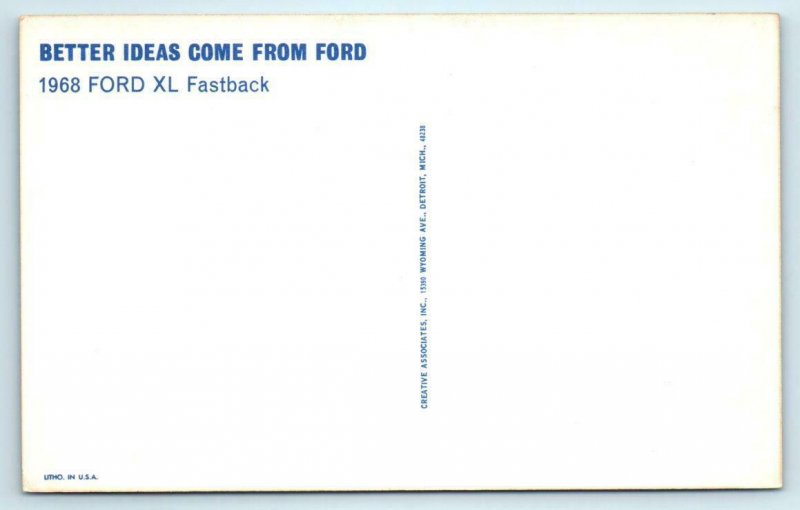 Car Advertising 1968 FORD XL FASTBACK Red ~ Sporty Automobile Postcard