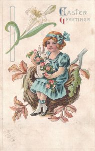 Vintage Postcard 1914 A Happy Easter Greetings Card Pretty Girl Carrying Rabbit