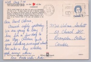 Legislative Building, Winnipeg, Manitoba, 1974 Chrome Postcard, Slogan Cancel