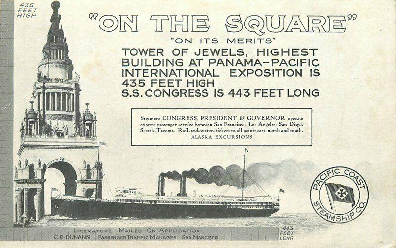 1915 PPIE Expo San Francisco Tower Jewel Pacific Coast Steamship Advert Postcard