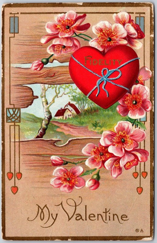 1912 Fidelity Valentine Hearts Flower Landscape Greetings Posted Postcard 