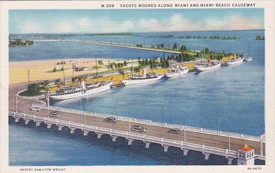 Yachts Moored Along Miami and Miami Beach Causeway Bridge Curteich