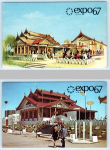 2 Postcards MONTREAL EXPO 67, Canada  ~La Birmanie PAVILION of BURMA Artist View