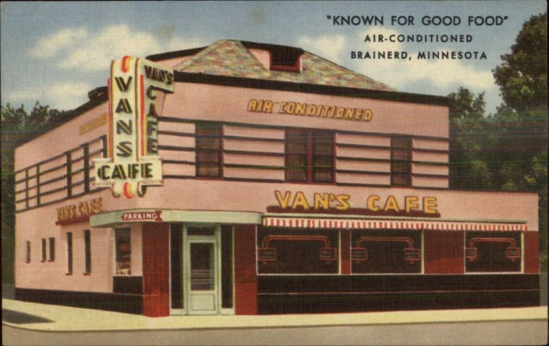 Brainerd MN Van's Caf‚ - GREAT ROADSIDE LINEN Art Deco Postcard