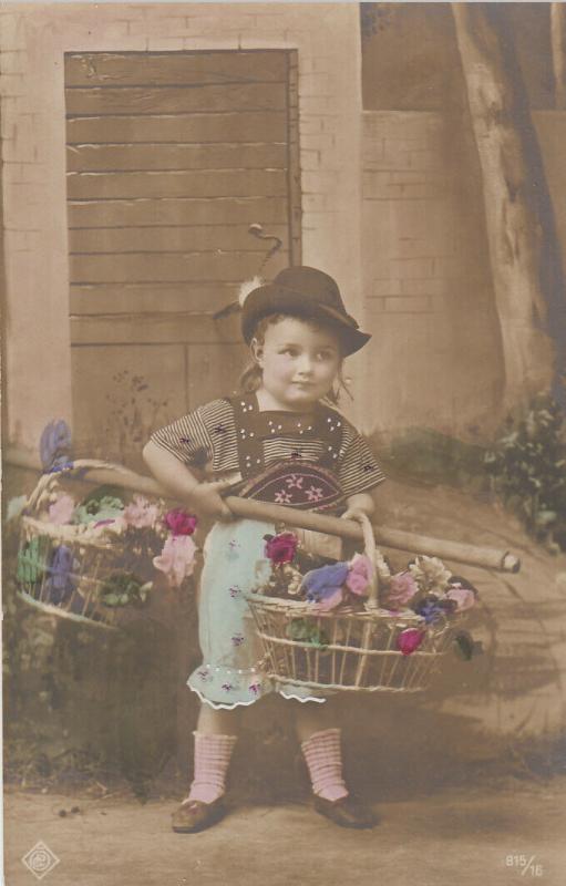 Early children portraits tinted postcard cute girl costume hat flowers