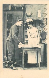 Postcard C-1910 French Soldier woman maid romance military undivided 23-11355