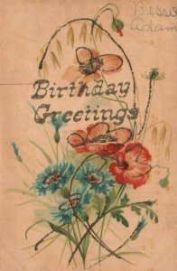 Vintage Postcard 1900's Birthday Greetings Red & Blue Floral Bouquet