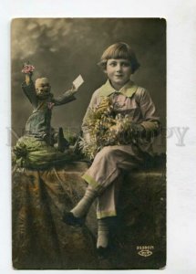 3146356 Girl & DOLL w/ Letter Vintage PHOTO tinted PC