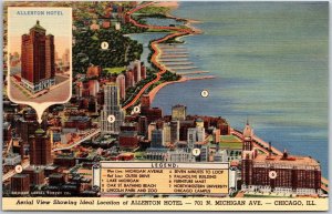 Aerial View Ideal Location Of Allerton Hotel Michigan Avenue Chicago IL Postcard