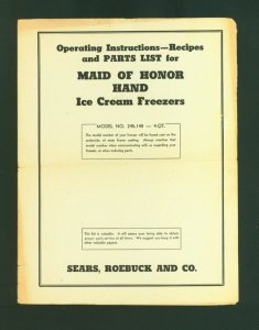 Maid Of Honor Hand Ice Cream Freezers Vintage Operating Instructions & Recipes