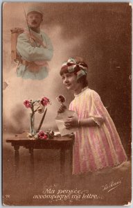 Little Girl Holding a Letter Fancy Headband French Greetings Posted Postcard