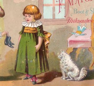 1880s F. Mayer Scarce Shoes Custom Made Girls Playing White Fluffy Dog #5O