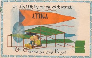 Attica NY New York Oh Fly Oh Fly - Dutch Kids in Plane - Pennant - pm 1913 - DB