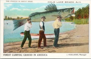 Cold Lake Beach Alberta Exaggerated Fish 'Fishing is Great Here' Postcard G26