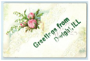 c1910s Greetings from Dwight Illinois ILL Floral Posted Antique Postcard