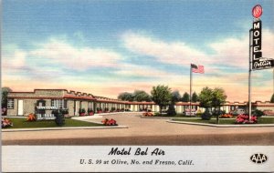 Linen Postcard Motel Bel Air US 99 at Olive North End of Fresno, California