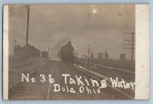 c1910's No. 36 Taking Water Dola Ohio OH Train RPPC Photo Antique Postcard