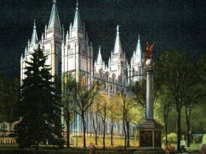 Vintage Linen Postcard Mormon Temple at Night SLC Utah Latter Day Saints