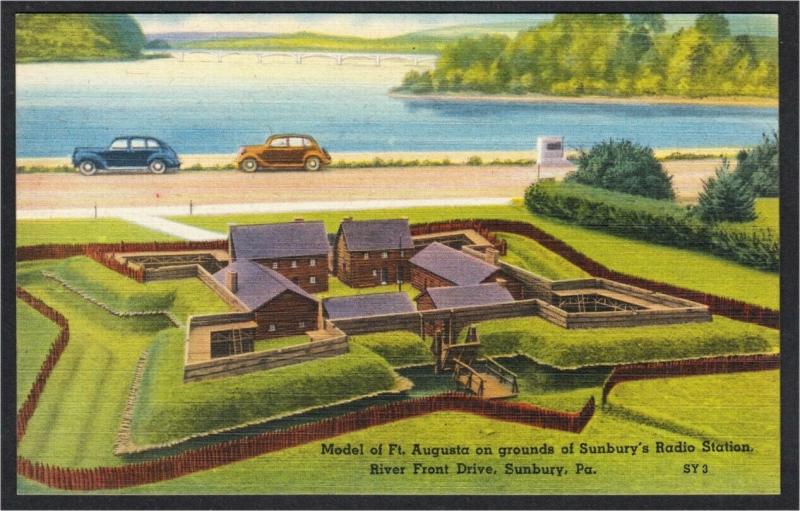 Sunbury PA Model of Fort Augusta at Radio Station 1940s-1950s Linen Postcard