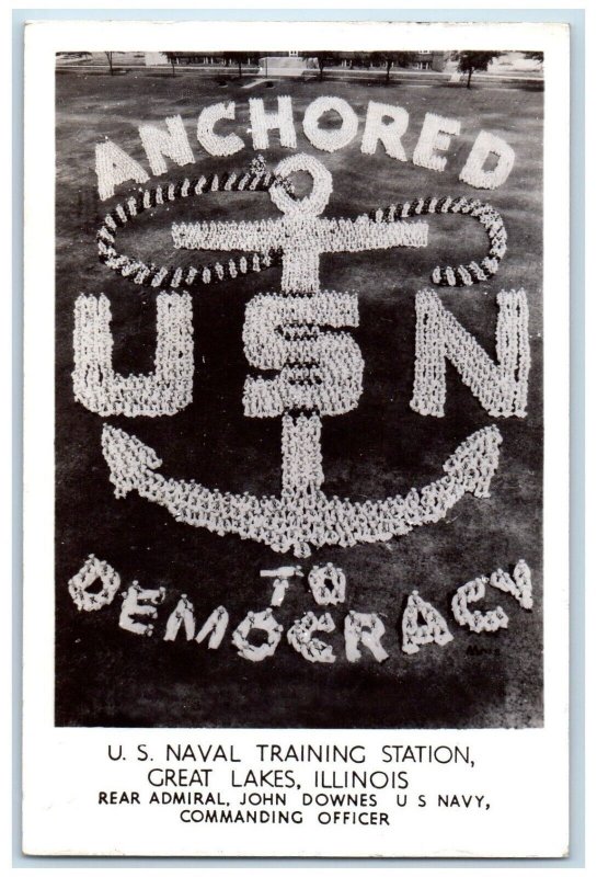 1942 US Naval Training Station Anchored USN Democracy IL RPPC Photo Postcard