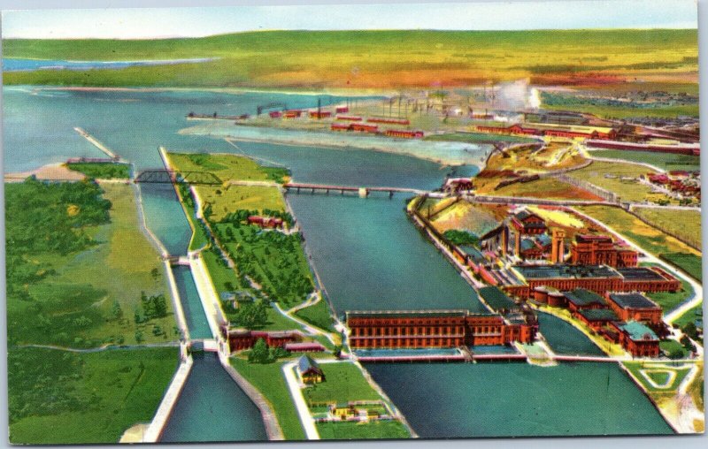 postcard Aerial view of Canadian Locks - shini color