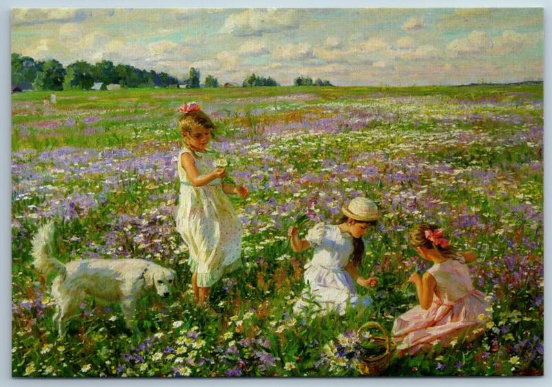 Little GIRLS pick flowers Dog Field Wildflowers by Averin NEW Russia Postcard