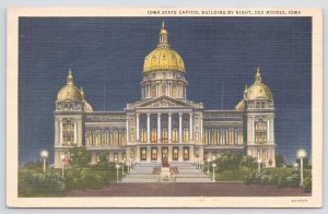 Des Moines Iowa~State Capitol Building @ Night~Linen Postcard