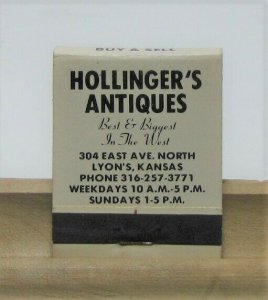 Hollinger's Antiques Lyons Kansas Vintage Matchbook Cover 