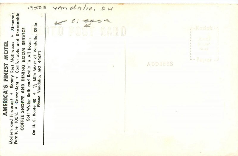 1950s Vandalia Ohio Yendes Motel occupation RPPC Postcard 25-5881