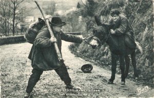 Donkey don't move. Three headers  Humorous vintage French photo postcard