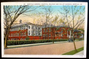 Vintage Postcard 1937 Norfolk General Hospital, Raleigh & Colley Ave. Norfolk VA
