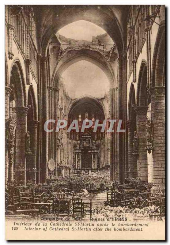 Belgium Ypres Belgie Old Postcard Ruins of St Martin cathedral after the bomb...