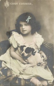 EAS RPPC 960 Pretty Little Girl w/Terrier Puppy Dog, A Cosy Corner, Hand Colored