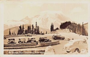 MOUNT RAINIER WA~FROM OBSERVATION POINT-OLD AUTOMOBILE~1940s REAL PHOTO POSTCARD