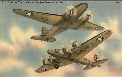 US Army WWII Transport Airplances Linen Postcard - Military 