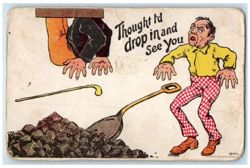 1907 Man Falling Through Coal Chute Bristol South Dakota SD Antique Postcard