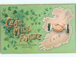 Pre-Linen st. patrick's SHAKING HANDS ON MAP OF ERIN IRELAND W7042