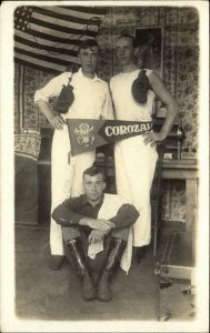 Corozal Panama Canal Zone - US Soldiers American Flag Boxing Gloves c1910 RPPC