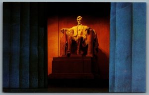 Postcard Washington DC c1960s Lincoln Statue At Night Sitting in Drapped Chair