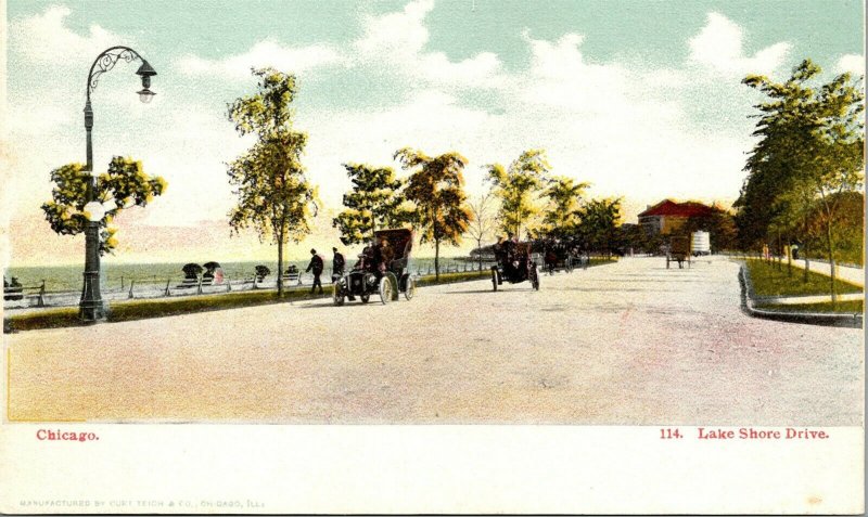 Vtg Chicago IL Lake Shore Drive Old Cars Lake Michigan 1905 Curt Teich Postcard
