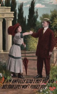 Vintage Postcard 1911 Lover Couple Holding Hands Awfully Glad To Meet Him
