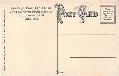 Old Louvre SAN FRANCISCO Gents Grill Restaurant Interior c1910s Vintage Postcard