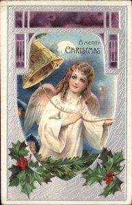 Christmas Little Girl Angel in White Rings Bell c1910 Vintage Postcard
