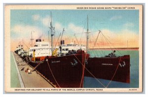 c1948 Postcard TX Big Ocean Going Ships Taking On Cargo Corpus Christi