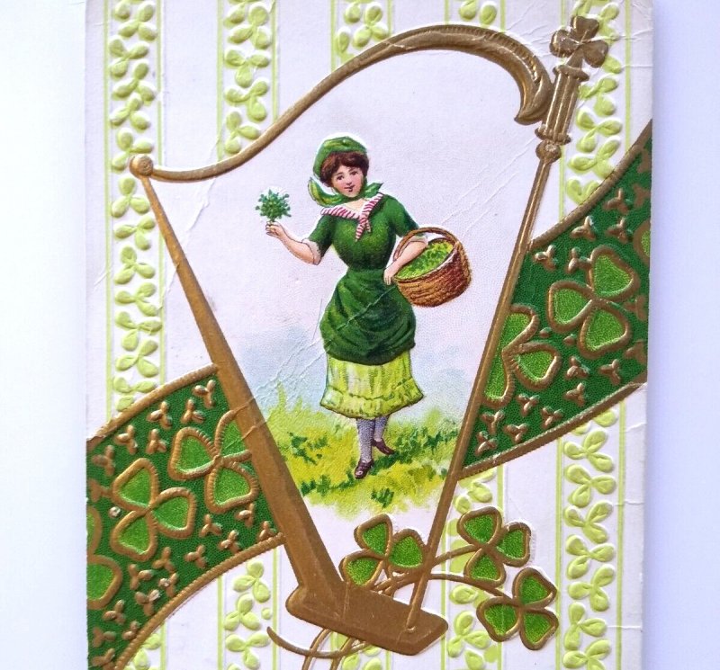 St Patricks Day Postcard Women Inside Gold Harp Clovers Nash Embossed Vintage